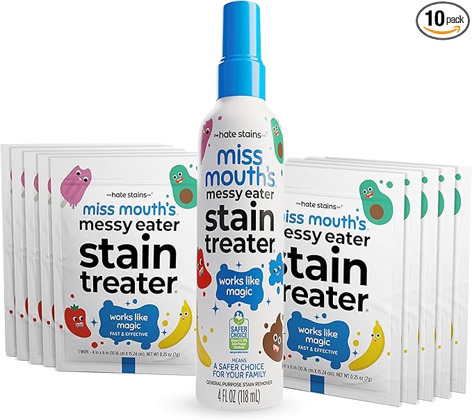 Miss Mouth's Messy Eater Stain Treater Spray - 4oz & 10 Wipes Stain Remover - Newborn & Baby Essentials - No Dry Cleaning Food, Grease, Coffee Off Laundry, Underwear, Fabric