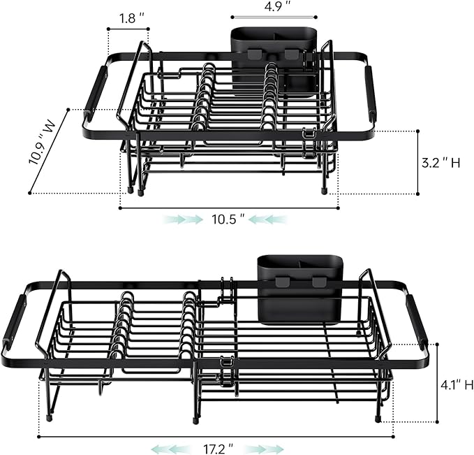 Dish Drying Rack in Sink - Expandable (14.5''-18''L) Over The Sink Dish Rack with Utensil Holder, Space-Saving Dish Drainer for Kitchen Counter, 1 Piece, Matte Black