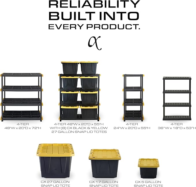CX Black & Yellow®, 5-Tier Heavy Duty Plastic Storage Shelving Unit, 200lbs/shelf (72”H x 48”W x 20”D), for Indoor/Outdoor Organization, Modular Rack