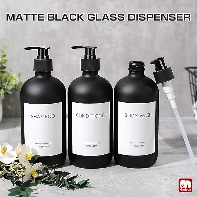 GMISUN Black Shampoo and Conditioner Dispenser, Shower Soap Dispenser Bottles with Labels, Refillable Shampoo Conditioner Body Wash Dispensers, Glass Soap Pump Dispenser Set for Bathroom Shower