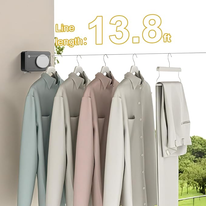 Retractable Clothesline Indoor/Outdoor, Anti-Sag for Drying Clothes Line Retracting Indoor/Outdoor, We Equipped This 13.8 Fts Laundry line Retractable with 4 Large Clips