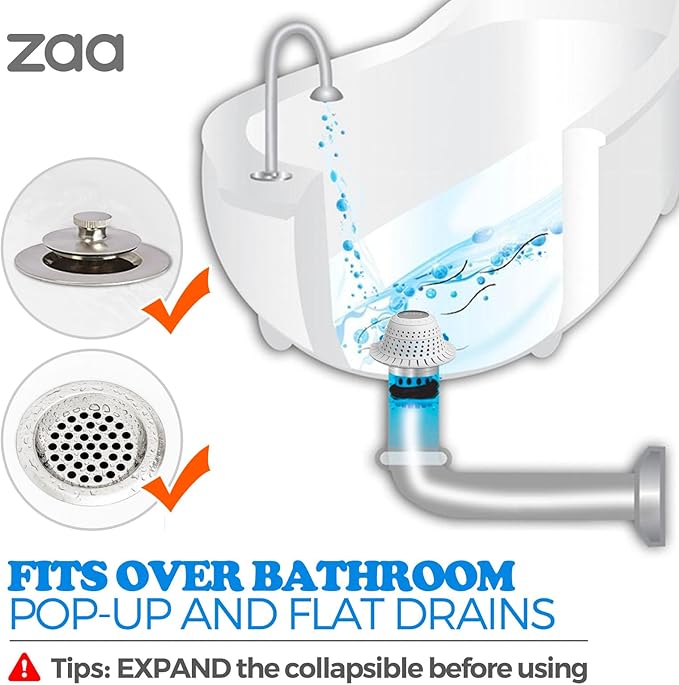 zaa Bathtub Drain Hair Catcher, Premium Silicone Collapsible 1 Pack Drain Protector for Pop-Up and Regular Drains of Shower, Tub, Bathroom, Sink, Light Gray