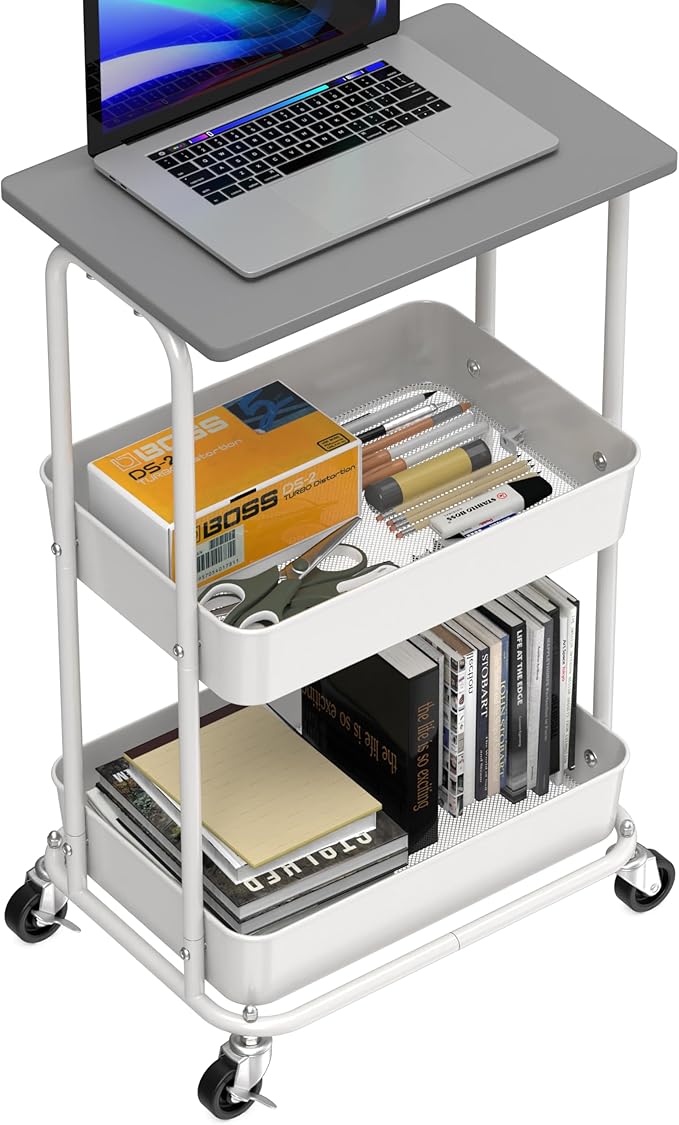 Simple Houseware 2-Tier Rolling Utility Cart with Lockable Wheels and Wood Top, Metal Storage Organizer Trolley for Kitchen, Bathroom, Office, Craft Room, Grey