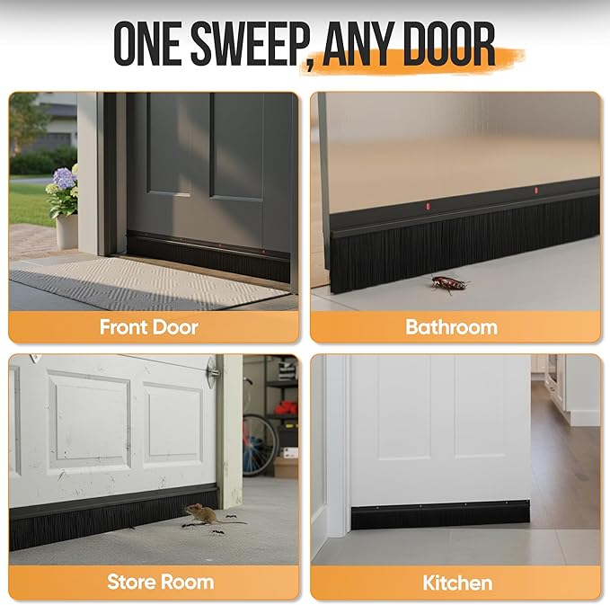 Premium 2 Pack Door Sweep for Bottom – Metal Gap Filler Draft Blocker, Weather Stripping Threshold Seal, Brush Weather Storm Soundproofing Rodent Guard Excluder Strip, Rain Drip Draft Stopper