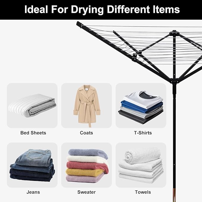 Umbrella Clothesline Outdoor with 40 Pegs, 4 Arms 12 Lines Rotary Clothesline Folding Clothes Drying Rack, 165 Ft Heavy Duty Clothes Line Outdoors for Backyard, Garden