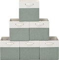 13 x 13 Inch Fine Linen Storage Bins with Handles，Fabric Cube Boxs，Collapsible Basket Organizers for Shelves for Home, Closet Drawers (White/Green-6 Pack)