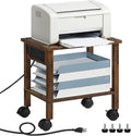 Lerliuo Under Desk Printer Stand with Charging Station, 2 Tier Wooden Small Printer Table with Storage, Rolling Printer Cart Shelf with Lockable Wheels for Home, Office (Brown)