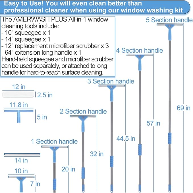 Window Squeegee Washing Kit for High Window, Shower Glass Door, Mirror Cleaning, with 69-inch Extension Pole, Extra 14'' Wide Squeegee and 2 Microfiber Scrubbers Included