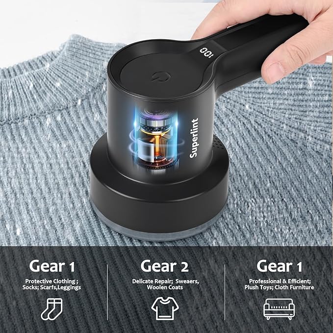 SUPER LINT Electric Fabric Shaver Electrostatic Brush, LED Display, 3-Speeds, Rechargeable Sweater Shavers to Remove Pilling for Clothing, Couch, Furniture, Black