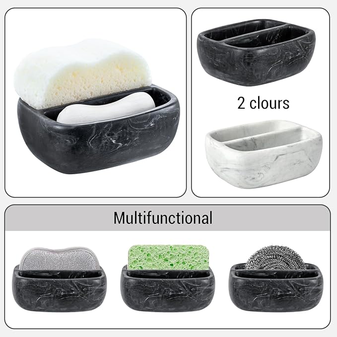 MyGift Modern Black Resin Double Sponge Holder with Realistic Marble Pattern for Kitchen Sink Countertop, Dish Cleaning Sponges or Scrubbing Pads Bowl with 2 Compartments