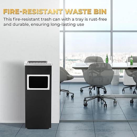 Trash Can Outdoor Waste Container Square Stainless Steel Trash Can with Removable Inner Bucket for Disposal Commercial Waste Container 9.45‘’ x 9.45‘’ x 24.02‘’-Black
