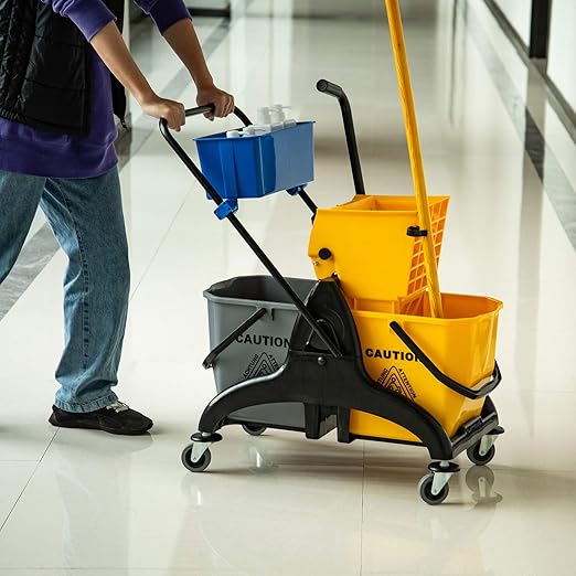 HOMCOM 2 x 6.9 Gallon Mop Water Bucket Wringer Cart with Easy to Use Side Press Wringer, Smooth Wheels, Mop-Handle Holder