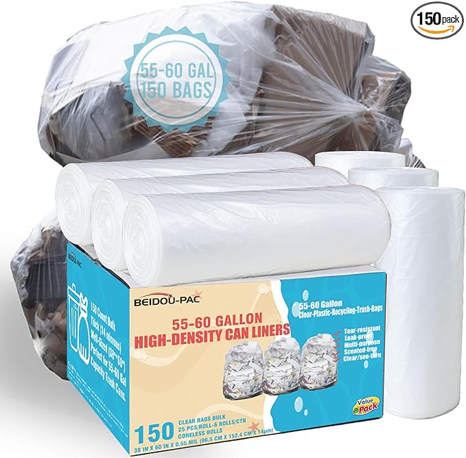 55-60 Gallon Trash Bags, 150 Count Bulk, Heavy Duty Clear Plastic Recycling Garbage Bags, Multi-purpose Can Liners for Business Home Commercial, Industrial Contractors, Storage, Outdoor