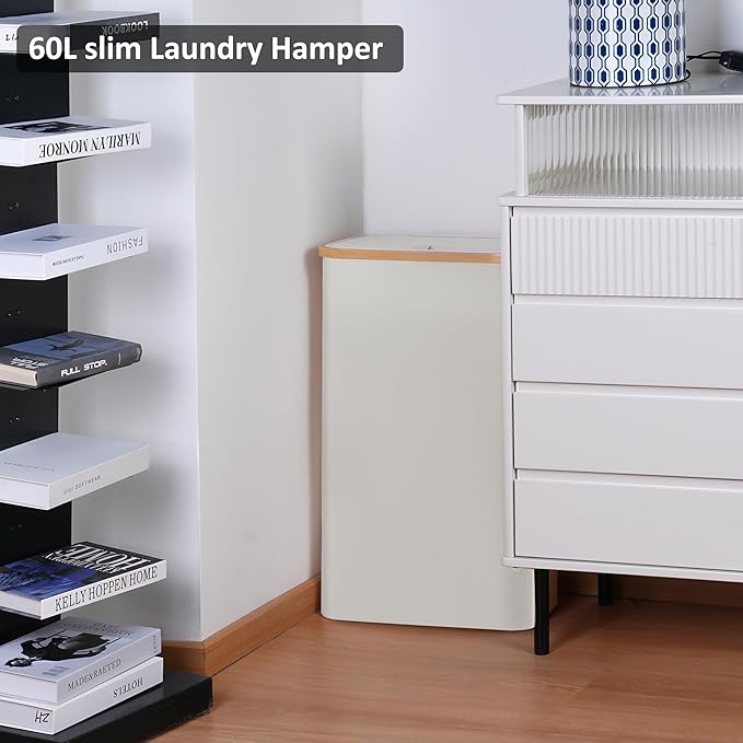 Slim Laundry Basket,Tall laundry Hamper with Lid,60L Hamper for Laundry,Dirty Cloth Hamper with Bamboo Handle for Toys,Towels, Clothes Organizing,Beige