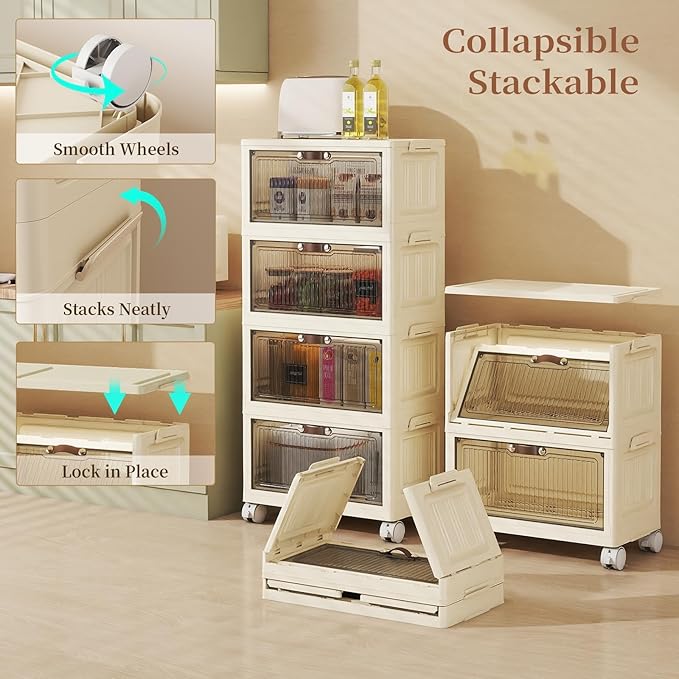 3 Tier - 48QT Storage Bins with Lids, Collapsible Storage Bins with Doors and Wheels, Plastic Storage Cabinet for Easy Storage and Organization for Living Room, Office