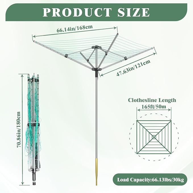 Outdoor Umbrella Drying Rack 165 Feet Umbrella Clothesline with 12 Lines Rotary Drying Rack Adjustable Height 4-Arm Foldable Clothes Drying Rack with Protective Cover for Backyard- Green