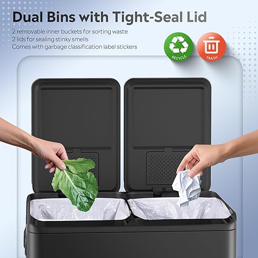 WLIVE Dual Trash Can, 2 x 8 Gallon (2 x 30 L), Step Trash Can with Lid with Inner Buckets, 2 Compartment, Heavy-Duty Stainless Steel Gabage Can for Kitchen with 15 Trash Bags, Black