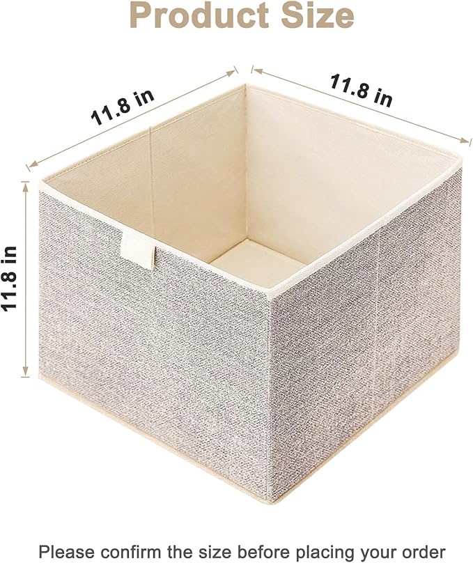 Storage Baskets, 11.8-Inch Woven Fabric Bins, Storage Cubes with Reinforced Handles, Organizer Bins for Closet Shelves, Foldable, for Toys, Clothes, Natural Beige (3PCS/Beige-11.8*11.8*11.8inch)