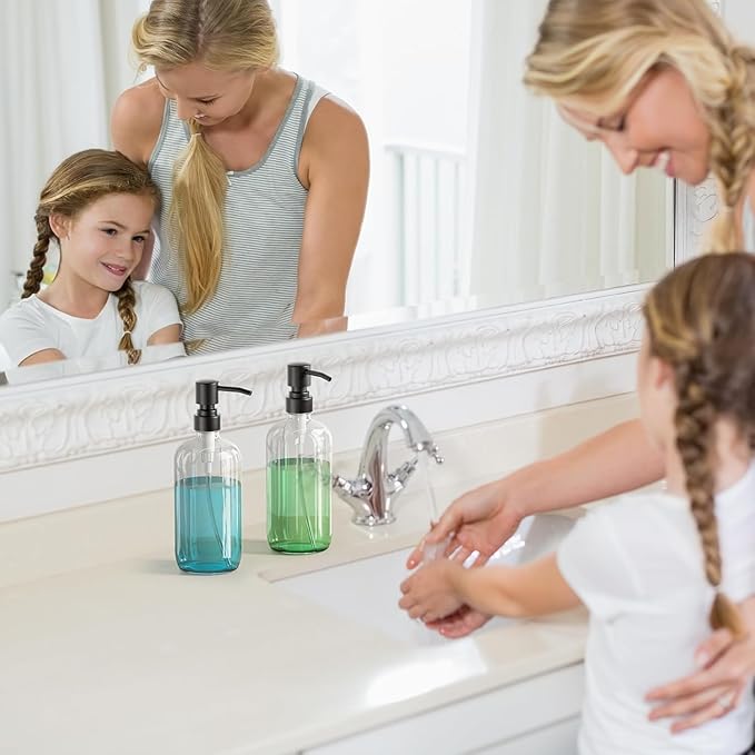 AmazerBath Soap Dispenser, 2 Pack Glass Soap Dispenser with Stainless Steel Pump, 17 Oz Bathroom Hand Soap Dispensers Bottle for Bathroom & Kitchen, Clear & Black