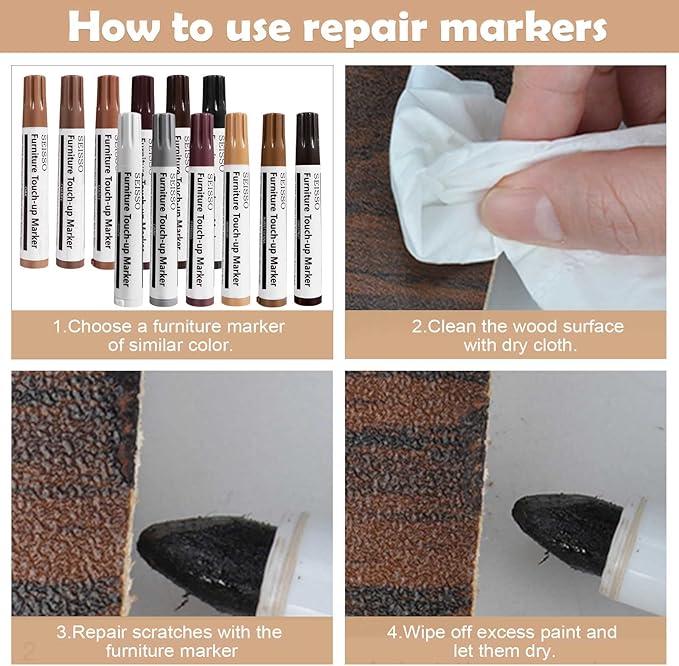 SEISSO Furniture Repair Kit, Wood Markers for Scratches, 12 Colors Furniture Touch-up Markers and Wood Fillers, New Upgrade Wood Repair Kit - Restore Wooden Table, Cabinet, Floors, Door