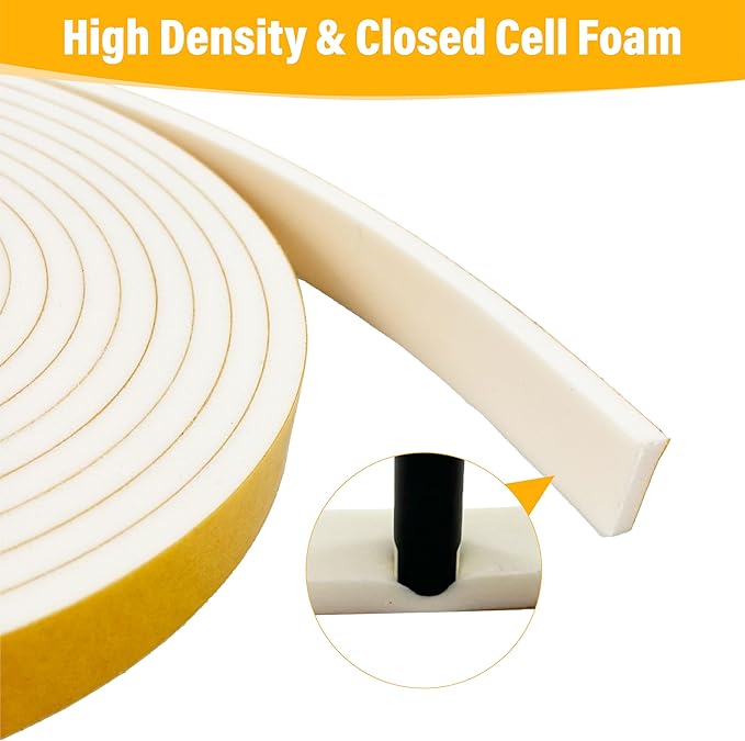 Weather Stripping Foam Tape, 17 Ft Door Seal Strip, EVA Material, High Density 1/4" Thick, No Residue Adhesive, Weatherproof Door Seal Strip for Sliding Door, Windows, White (2" Wide)