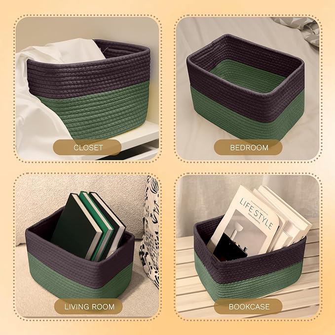 Hopegiver Woven Storage Baskets 11x8x7 Inch, 3 Pack Collapsible Cube Storage Bin for Shelves - Foldable Cotton Rope Organizer Bins for Towels, Toys, Books, Closet, Nursery (Brown Green)