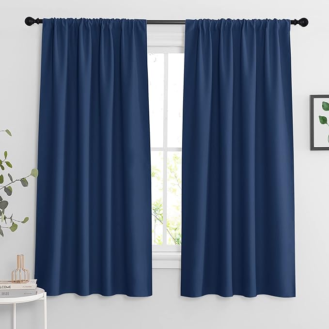 RYB HOME Blackout Curtains 63 inches Long - Energy Saving Insulation Large Window Curtain Blinds for Bedroom Living Room Dining Basement Home Office, W 62 x L 63 per Panel, Navy Blue, 2 Pcs