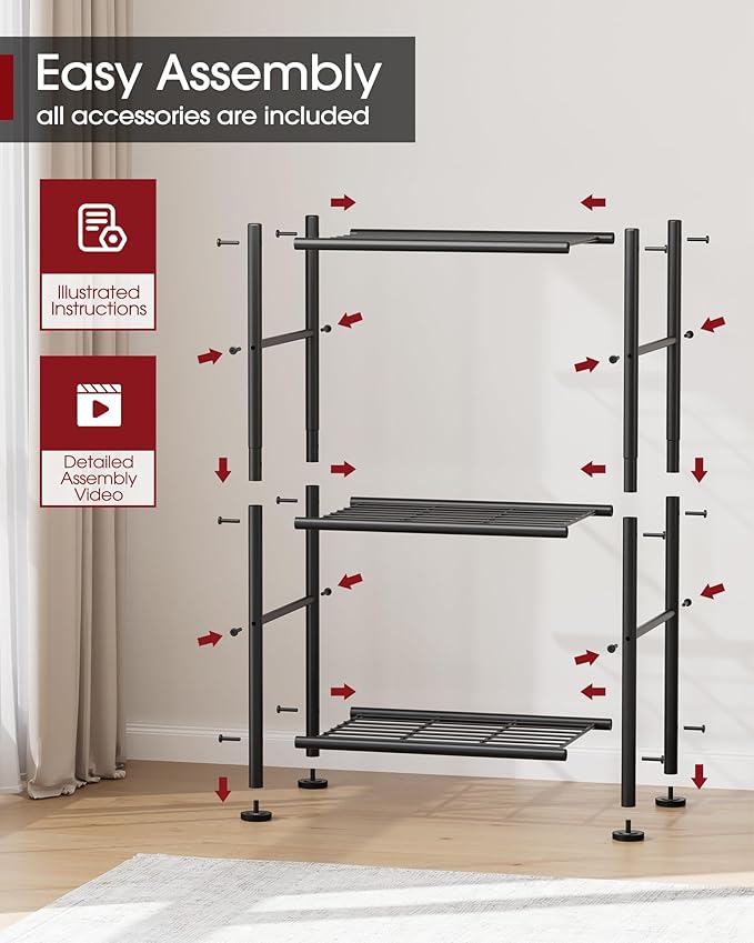 Storage Shelves - 3 Tier Shelf Organizer, Sturdy Metal Garage Shelving with Adjustable Leveling Feet, Space-Saving Shelves Organizer for Pantry, Laundry, Kitchen (18" x 12" x 30", Black)