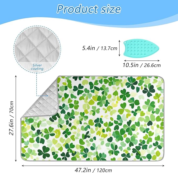 Bright Green Clover St. Patrick Ironing Mat for Table top Portable Ironing Pad Blanket for Washer Dryer Countertop Travel