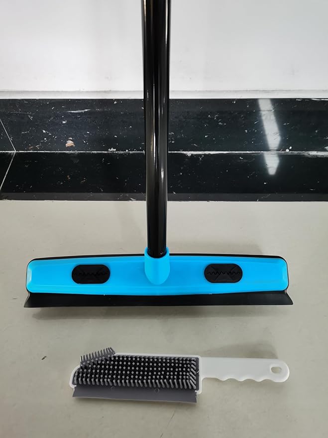 JEHONN Rubber Broom Carpet Rake Brush for Pet Hair with Squeegee, 52.8 inches Long Handle Silicone Fur Scraper Removal Tool with Detailing Lint Comb for Rug, Tile, Hardwood Floor Cleaning (Blue)