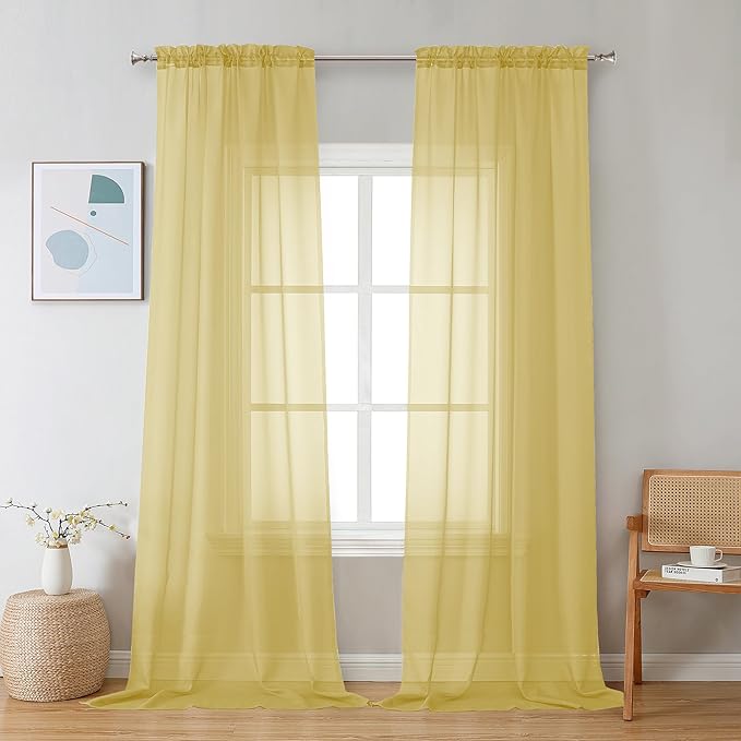 Chyhomenyc Sheer Yellow Curtains 90 inches Long 2 Panels, Light Filtering Soft Airy Solid Elegant Voile Window Treatment Drapes for Bedroom Living Room Wedding Party Decor, 42 Wx90 L Inches