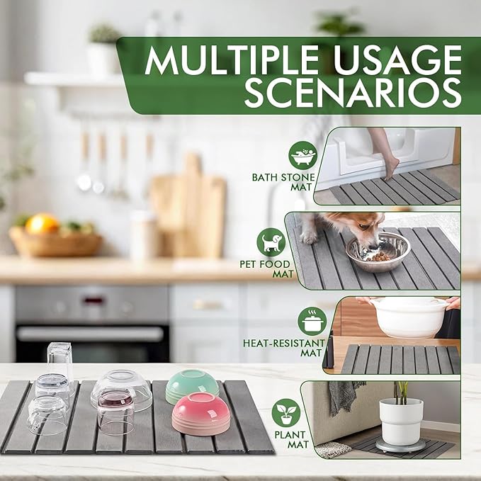 Large Stone Dish Drying Mats for Kitchen Counter, Foldable Quick Drying Mats, Eco-Friendly, diatomaceous earth bath mat, tapete de piedra absorbente para cocina 24" L x 16" W Inches (DARK GREY, LARGE)
