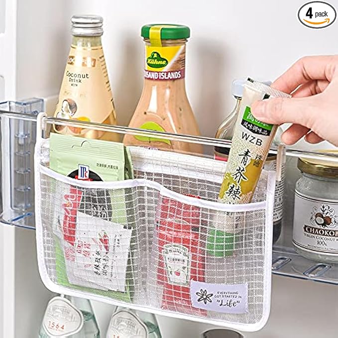 4PCS Refrigerator Door Organizer Set, Fridge Hanging Mesh Bag for Kitchen Storage Bag, Household Sundries Sorting Bag Used to Refrigerator Side Door, Only for Small Objects Containers