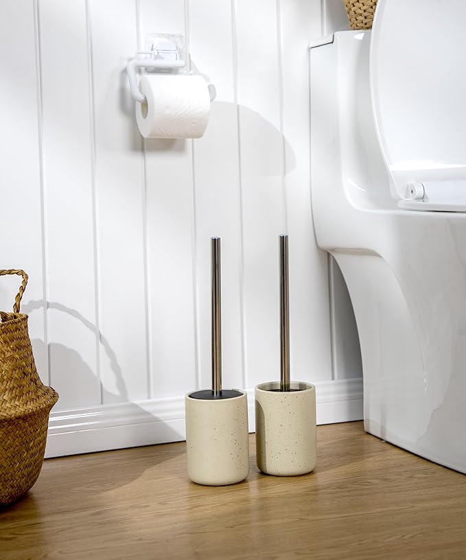 Ceramic Toilet Brush & Holder Set - Freestanding Deep-Cleaning Toilet Bowl Cleaner Brush, Stainless Steel Handle, Small & Sturdy for Storage, Easy to Clean, Non-Scratching