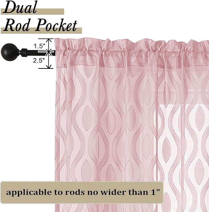 Aiyufeng Pink Sheer Curtains 2 Panels 54 Inch Length, Soft Lightweight Clip Jacquard Textured Blush Curtains for Bedroom Living Room, Modern Wavy Line Solid Voile Sheer Drapes, 40" Wx54 L Inches