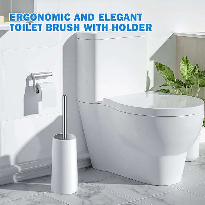 Toilet Brush and Holder, Toilet Brush with 304 Stainless Steel Long Handle, Toilet Bowl Brush for Bathroom Toilet-Elegant-Cleaning-Bristles(White)
