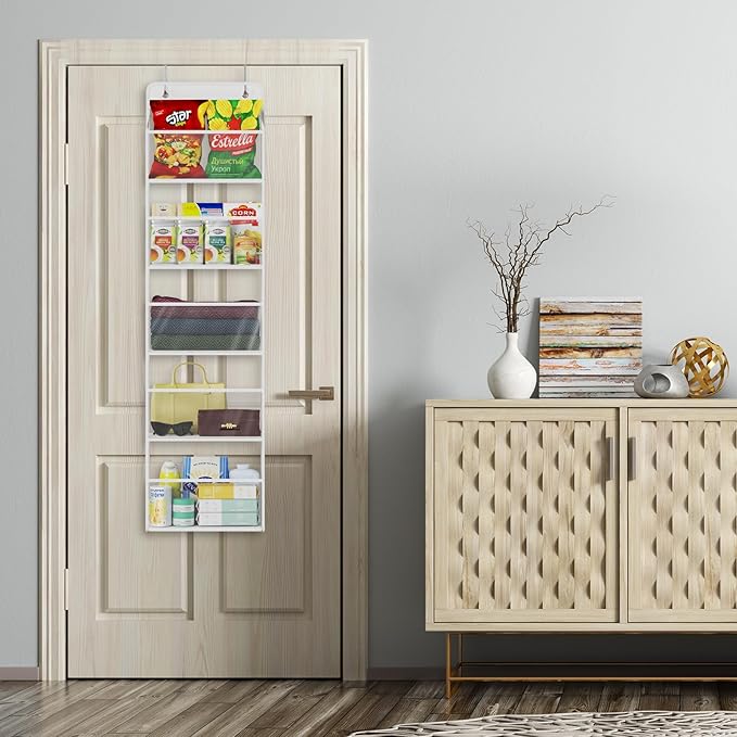 Univivi 5-Shelf Fabric Door Storage Over Door Hanging Organizer with 5 Clear Plastic Pockets & 2 Big Metal Hooks Nursery Closet Cabinet Wall Mount Hanging Storage Organizers for Baby Nursery