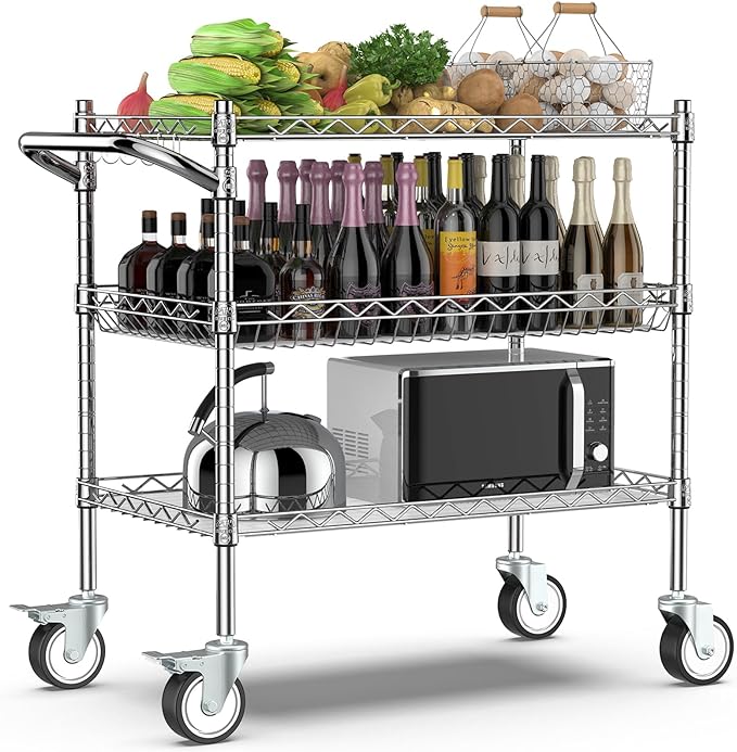 Leteuke Heavy Duty 3 Tier Rolling Utility Cart,NSF Certified 990Lbs Capacity Rolling Carts with Wheels,Commercial Grade Metal Cart with Handle Bar & Shelf Liner,Trolley Serving Cart for Kitchen,Chrome