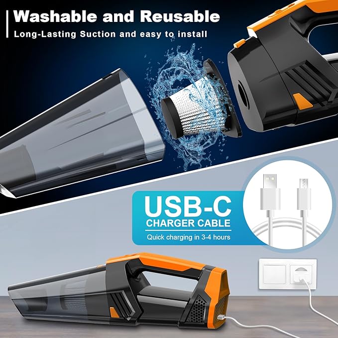 Handheld Vacuum Cordless Car Vacuum Portable with LED Light, High Power Suction, Lightweight Rechargeable Hand Vacuum, Hand Held Vacuum Cleaner for Car Home Office, Pet Hair, BlackOrange