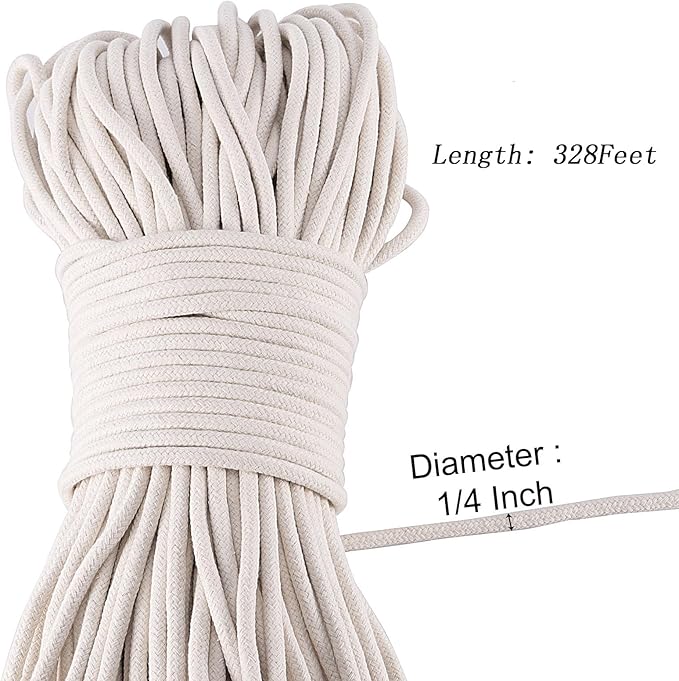 328 Feet 1/4 Inch White Natural Cotton Rope, Cotton Clothesline Rope, All-Purpose Craft Rope for Clothes Hanger, Garden Flower Potted Plants, Laundry Line Dryer