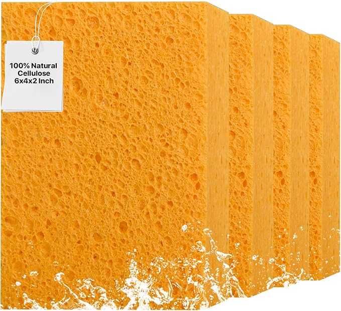 4 PCS Large Natural Cellulose Sponges 6x4x2 Inch - Super Absorbent and Biodegradable, Perfect for Home & Kitchen Cleaning, Boat Bail, Car Washing