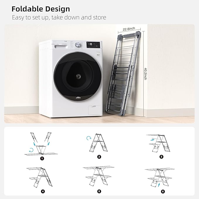 Clothes Drying Rack, Foldable 2-Level Laundry Racks for Drying Clothes Rack,Stainless Steel Drying Rack Clothing Collapsible for Indoor Outdoor,with Height-Adjustable Wings,33 Drying Rails,Gray