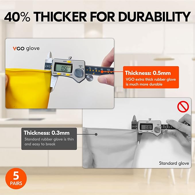Vgo... 5-Pairs Reusable Household Gloves, Rubber Dishwashing gloves, Extra Thickness, Long Sleeves, Kitchen Cleaning, Working, Painting, Gardening, Pet Care (Size S, Yellow, HH4601)