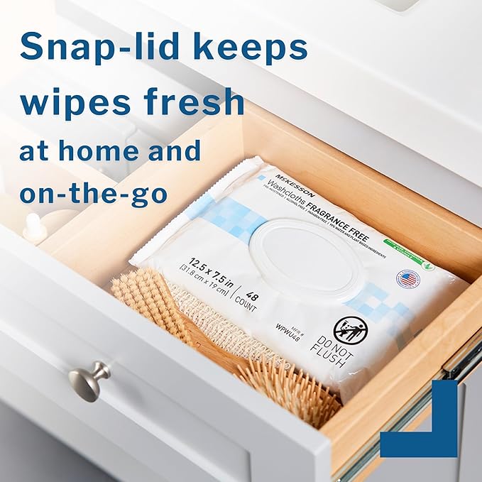 McKesson Washcloth Wipes for Adults, Unscented (3 Pack, 288 Washcloths) Disposable Wash Cloths for Body - Fragrance-Free No-Rinse Formula - Good for Incontinence and Elderly - 96 Wipes Per Pack