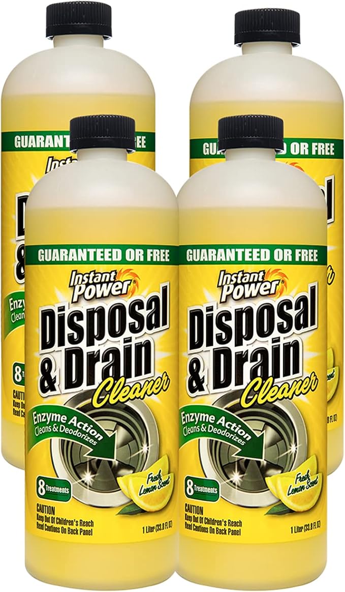 Instant Power Disposal and Drain Cleaner – Liquid Enzyme Clog Remover, Cleans and Deodorizes, Removes Drain Blockages, Fresh Lemon Scent 33.8 Fl oz, 1 Liter 4 Pack