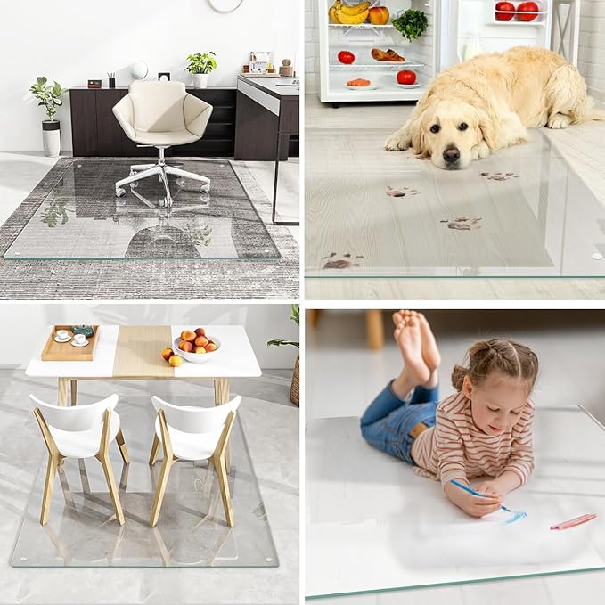 [Tempered Glass] 46" x 55" Glass Chair Mat, Heavy Duty Hard Floor Mat with Round Corner and Polished Edge, Office Chair Mat for Carpet Office Home Hardwood Floor Desk