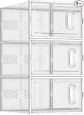 BALEINE 3 Pack Stackable Shoe Storage Boxes Fit Size 11, Thickened Clear Shoe Box Bins with Lids, Plastic Foldable Shoe Rack Organizer Sneaker Storage Containers (X-Large, White)