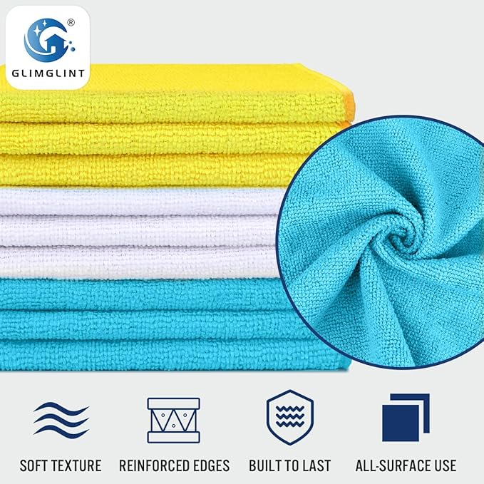 GLIMGLINT Microfiber Cleaning Cloth, 150 Pack Cleaning Rags, Cleaning Towels with 3 Color Assorted, Shop Towels 14"X12"(Yellow/White/Blue)