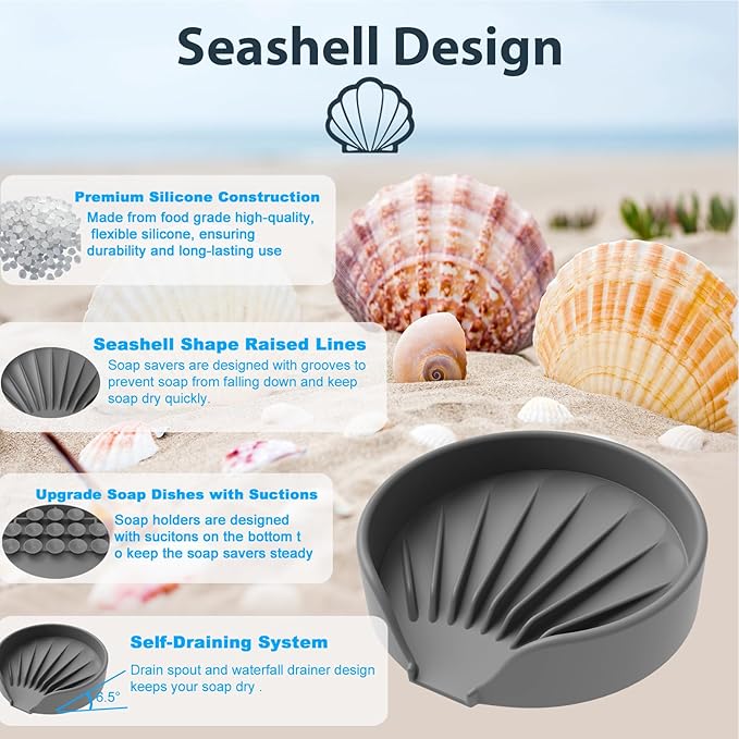 Self Draining Soap Dish, Silicone Suction Cup Soap Holder Tray Savers Container Sponge Holder for Bar Bathroom Shower Kitchen Sink, Can Extend Soap Life (2, Gray)