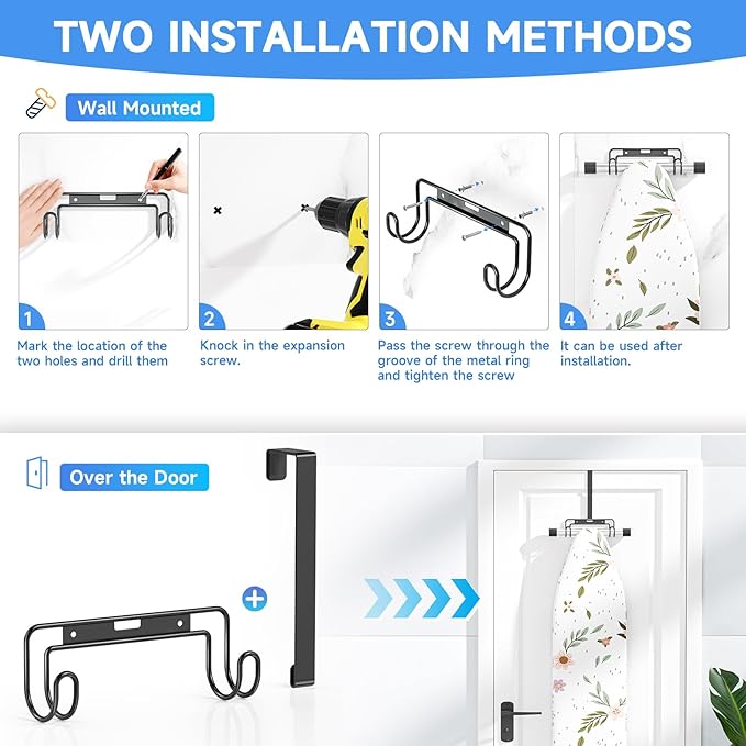 Over The Door & Wall Mount Ironing Board Hanger with Removable Hook, Metal Ironing Board Holder Organizer Wall Rack for Y & T Shaped (Black)